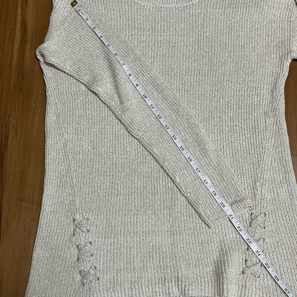 ANA Ivory Beige Gold Metallic Thread Lace-Up Knit Sweater PM Cozy Chic - Picture 8 of 8